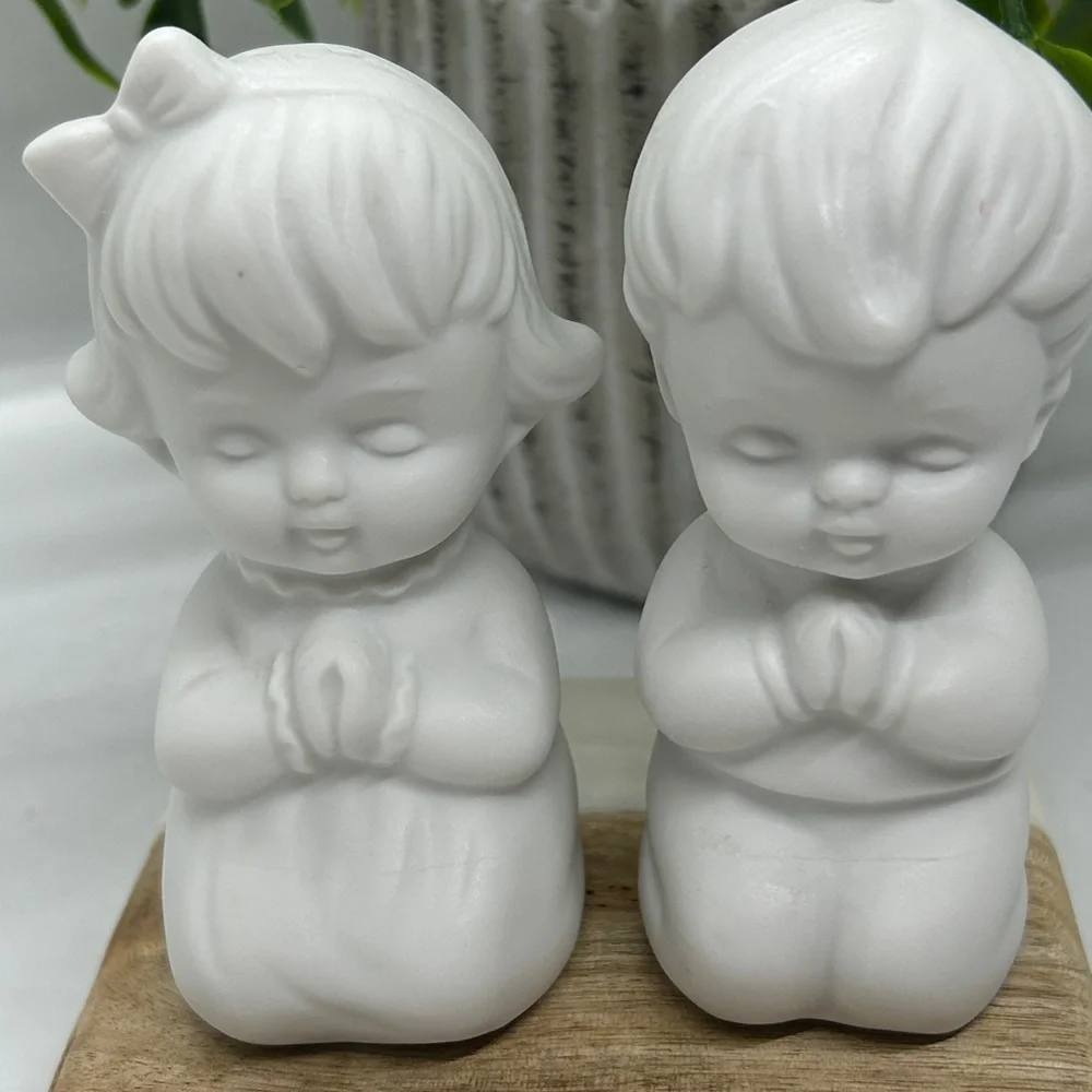 Vintage Salt Pepper Shakers White Kitchen Christian Decor Vtg Art Ceramic Craft